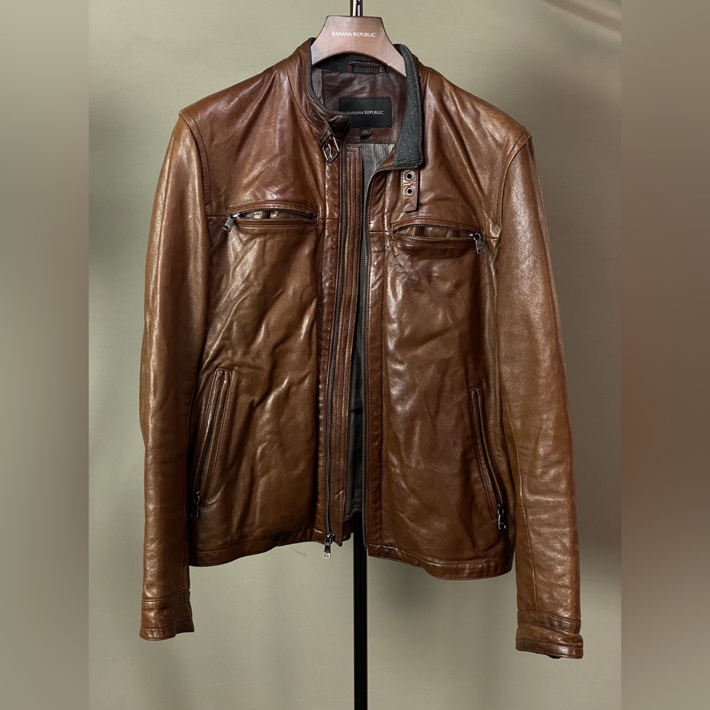 Banana Republic Men’s Brown Leather Racer Jacket - Medium